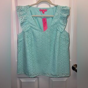 NWT Lilly Pulitzer Lina eyelet top size L aqua surf blue